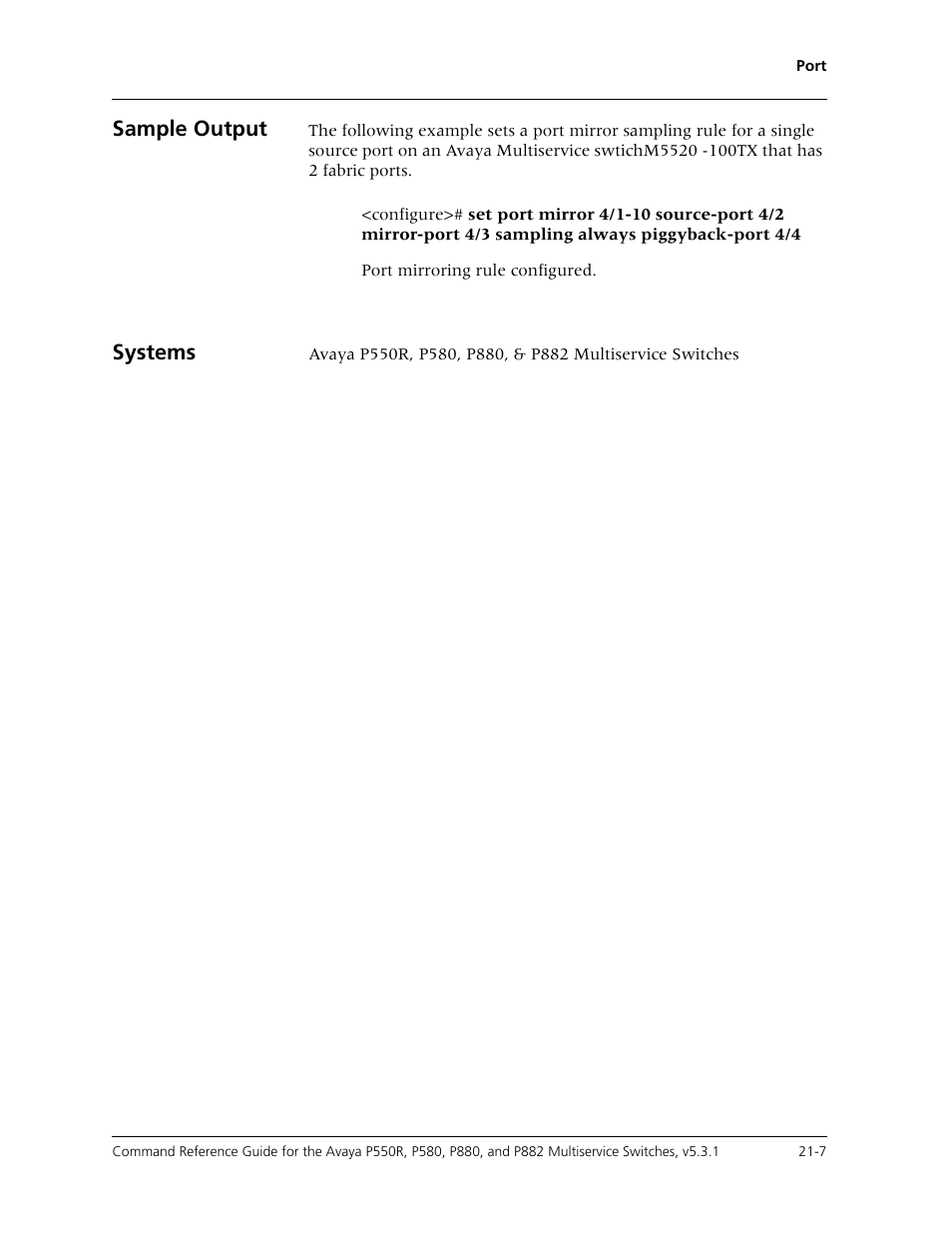 Sample output, Systems | Avaya Cajun P550R User Manual | Page 410 / 679