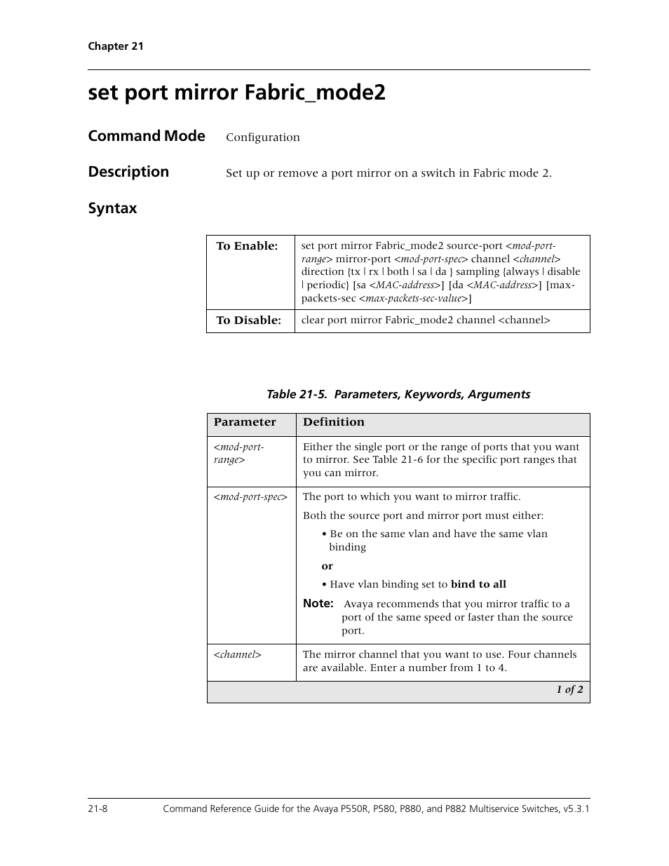 Set port mirror fabric_mode2, Set port mirror fabric_mode2 -8, Command mode | Description, Syntax | Avaya Cajun P550R User Manual | Page 411 / 679