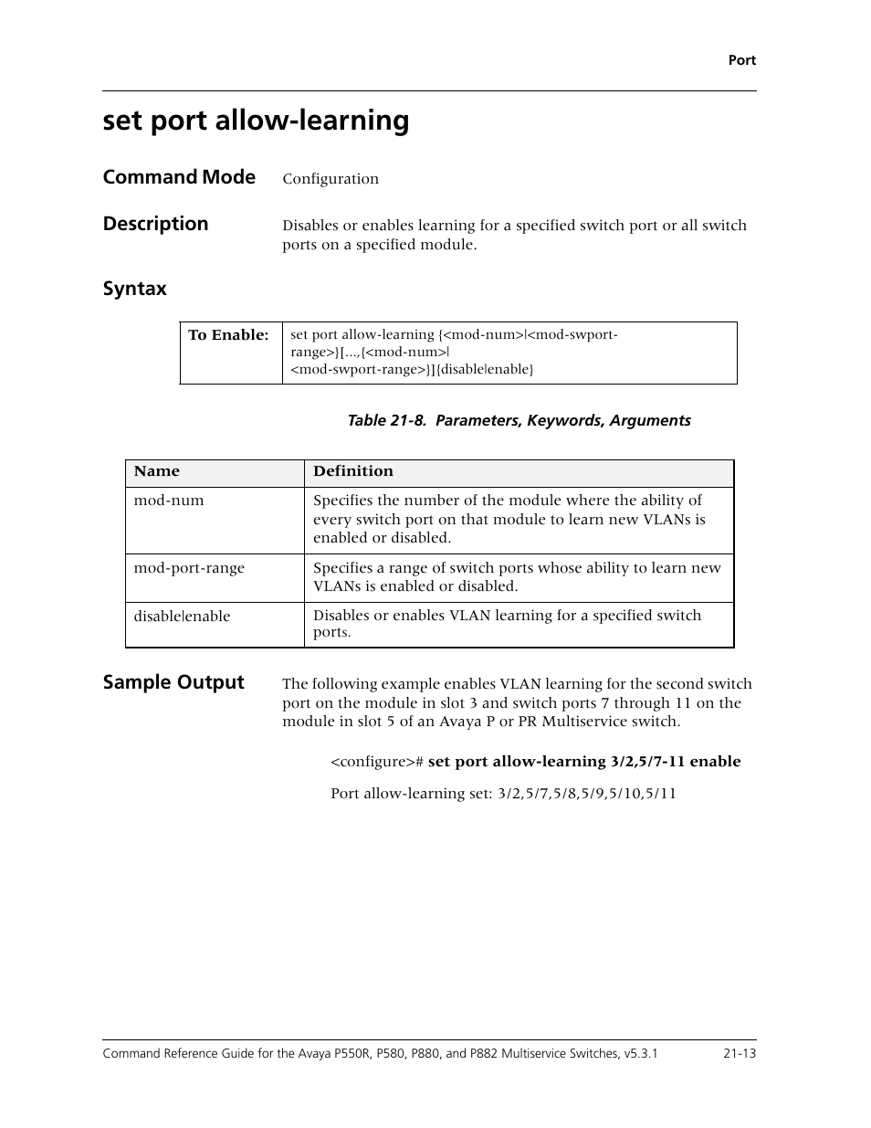 Set port allow-learning, Set port allow-learning -13 | Avaya Cajun P550R User Manual | Page 416 / 679