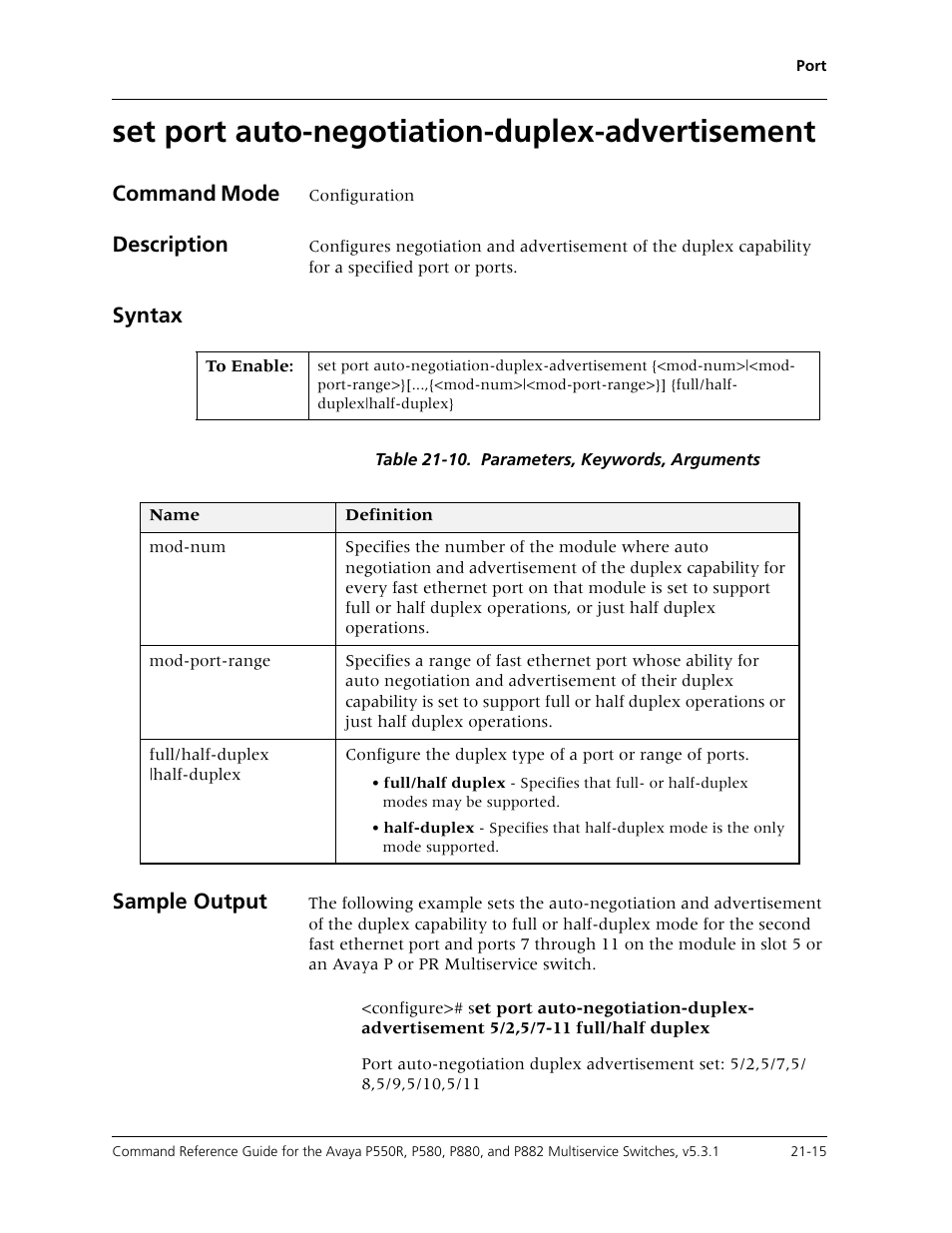 Set port auto-negotiation-duplex-advertisement, Set port auto-negotiation-duplex-advertisement -15, Command mode | Description, Syntax, Sample output | Avaya Cajun P550R User Manual | Page 418 / 679