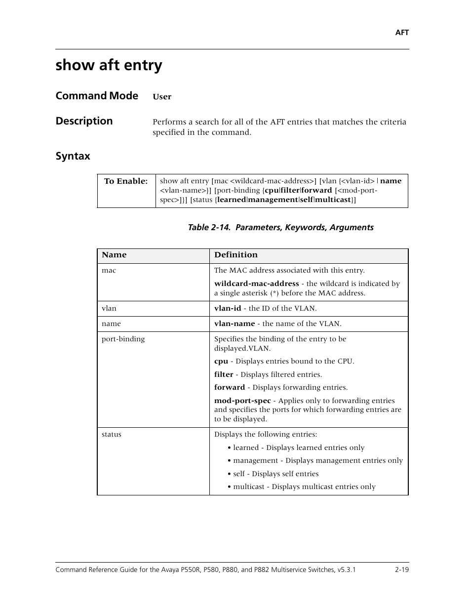 Show aft entry, Show aft entry -19, Command mode | Description, Syntax | Avaya Cajun P550R User Manual | Page 42 / 679