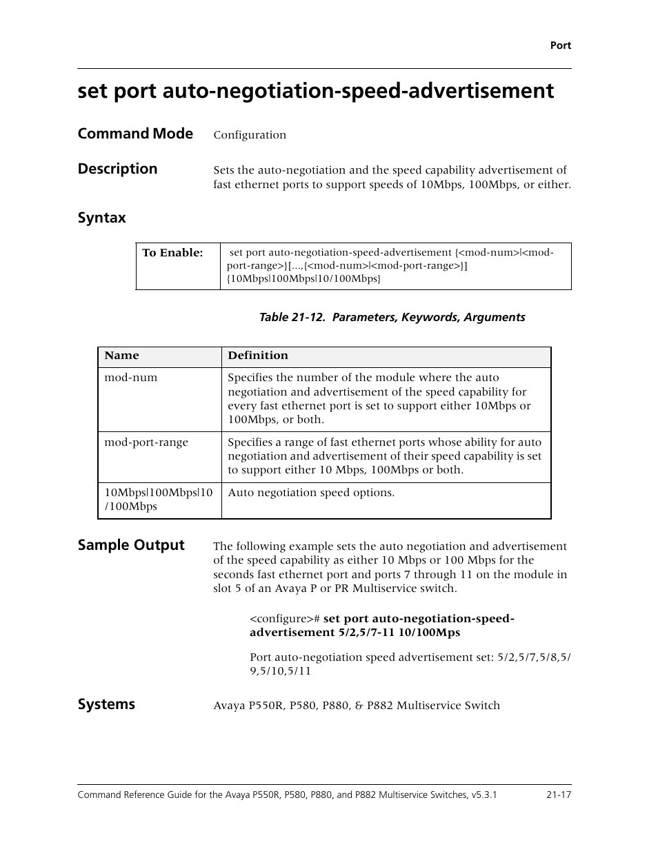 Set port auto-negotiation-speed-advertisement, Set port auto-negotiation-speed-advertisement -17 | Avaya Cajun P550R User Manual | Page 420 / 679