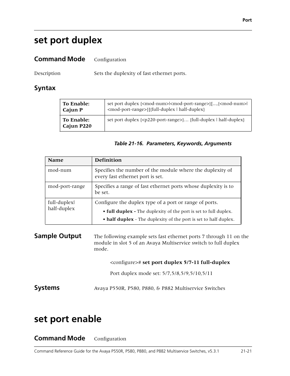 Set port duplex, Set port enable, Set port duplex -21 set port enable -21 | Avaya Cajun P550R User Manual | Page 424 / 679