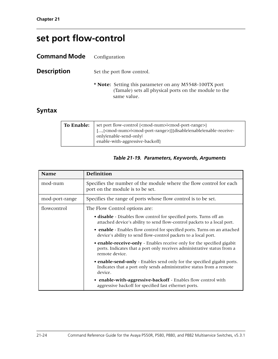 Set port flow-control, Set port flow-control -24, Command mode | Description, Syntax | Avaya Cajun P550R User Manual | Page 427 / 679