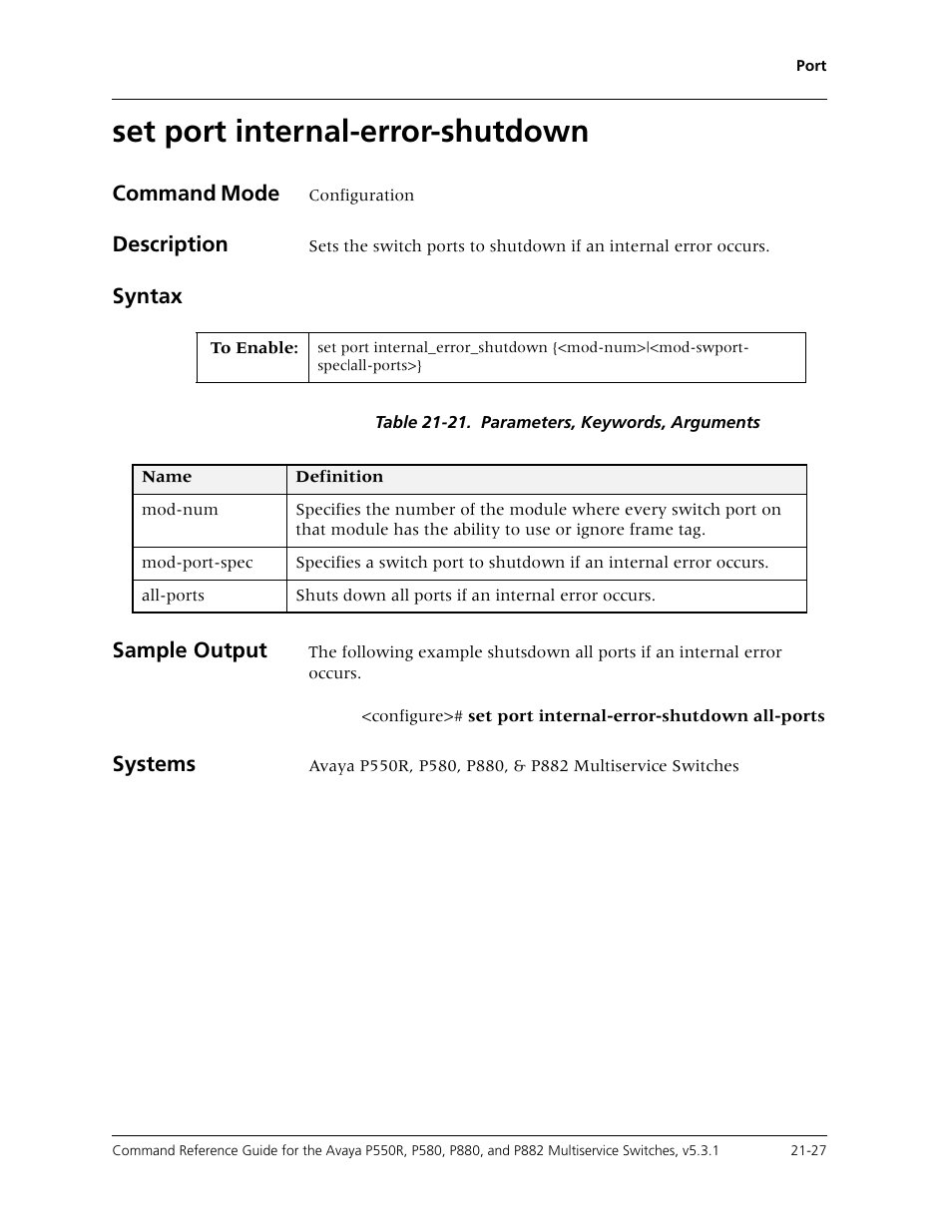 Set port internal-error-shutdown, Set port internal-error-shutdown -27 | Avaya Cajun P550R User Manual | Page 430 / 679