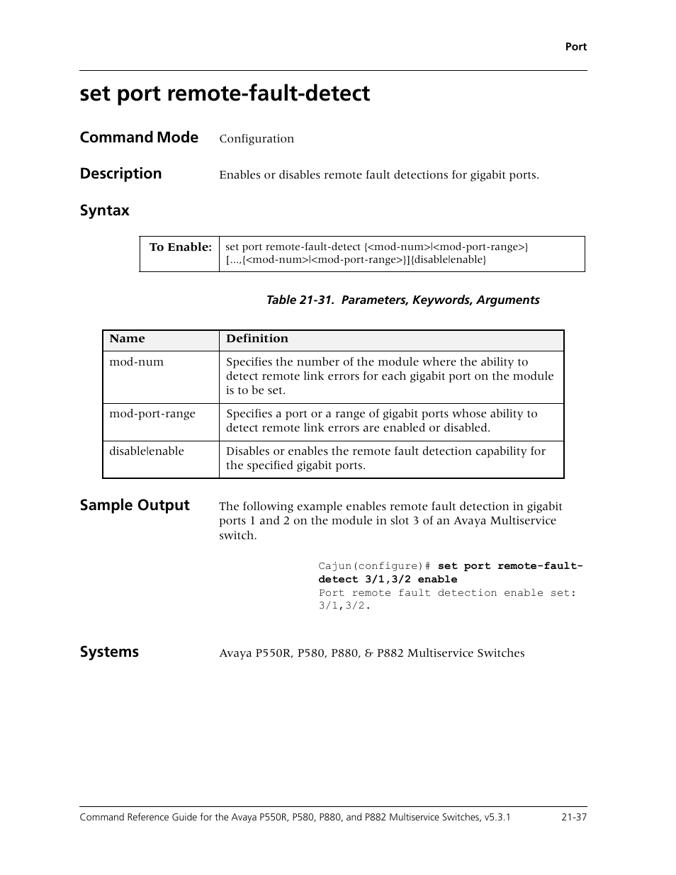 Set port remote-fault-detect, Set port remote-fault-detect -37 | Avaya Cajun P550R User Manual | Page 440 / 679