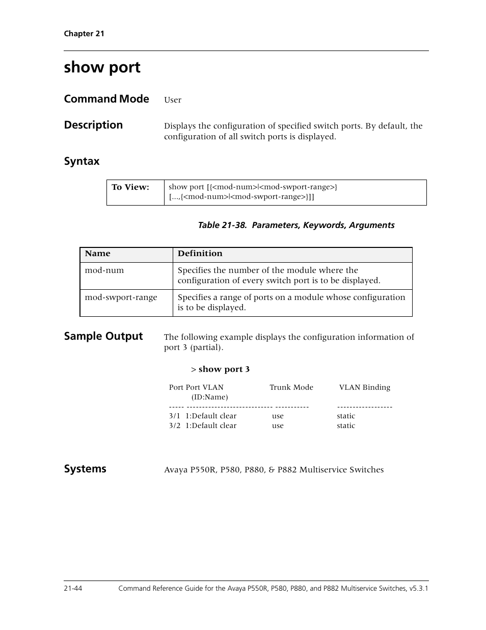 Show port, Show port -44, Command mode | Description, Syntax, Sample output, Systems | Avaya Cajun P550R User Manual | Page 447 / 679