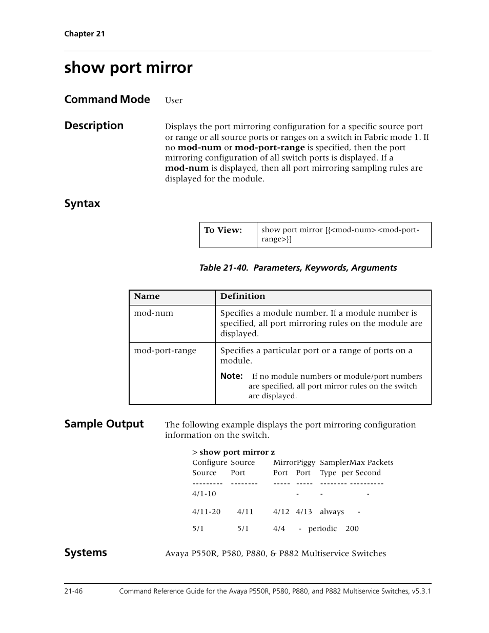 Show port mirror, Show port mirror -46, Command mode | Description, Syntax, Sample output, Systems | Avaya Cajun P550R User Manual | Page 449 / 679