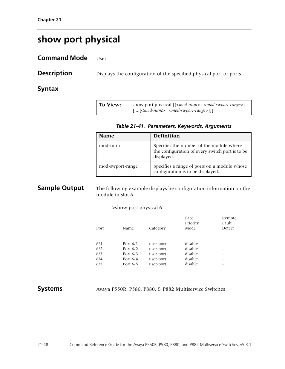 Show port physical, Show port physical -48, Command mode | Description, Syntax sample output, Systems | Avaya Cajun P550R User Manual | Page 451 / 679