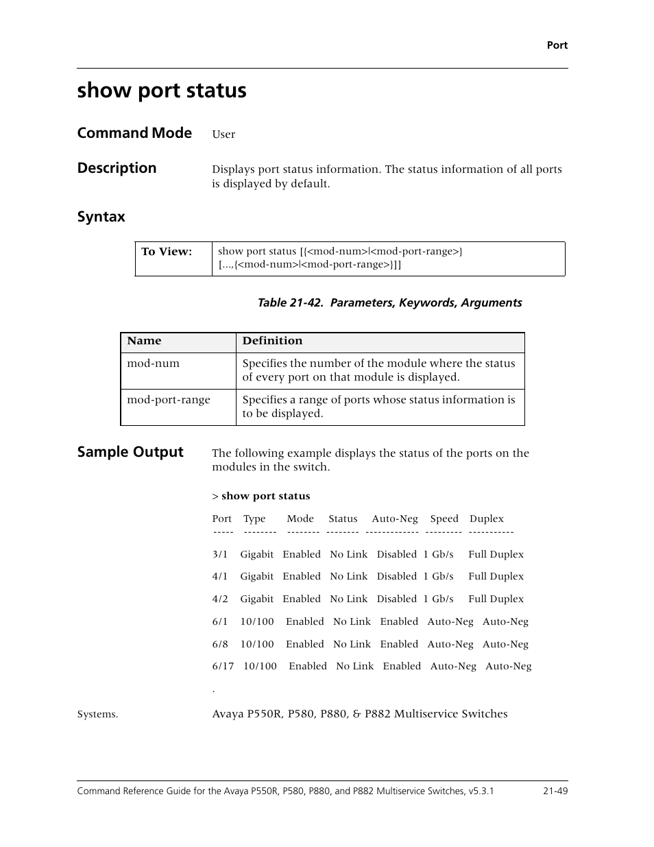 Show port status, Show port status -49, Command mode | Description, Syntax, Sample output | Avaya Cajun P550R User Manual | Page 452 / 679