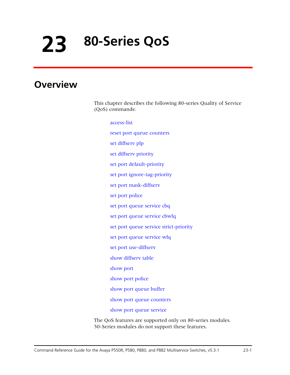 23 80-series qos, Overview, Chapter 23 — 80-series qos -1 | Overview -1, Series qos | Avaya Cajun P550R User Manual | Page 458 / 679