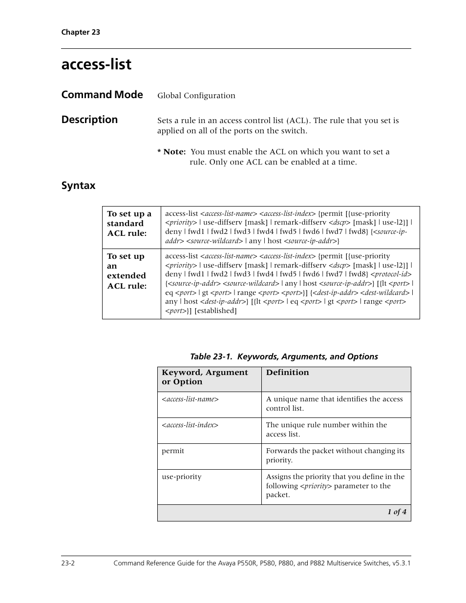 Access-list, Access-list -2, Command mode | Description, Syntax | Avaya Cajun P550R User Manual | Page 459 / 679