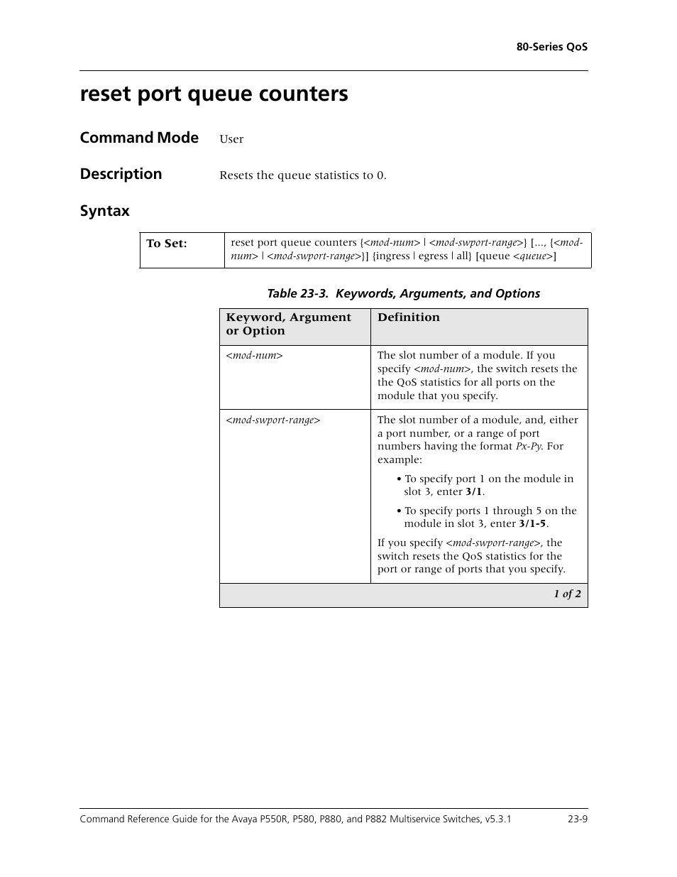 Reset port queue counters, Reset port queue counters -9, Command mode | Description, Syntax | Avaya Cajun P550R User Manual | Page 466 / 679