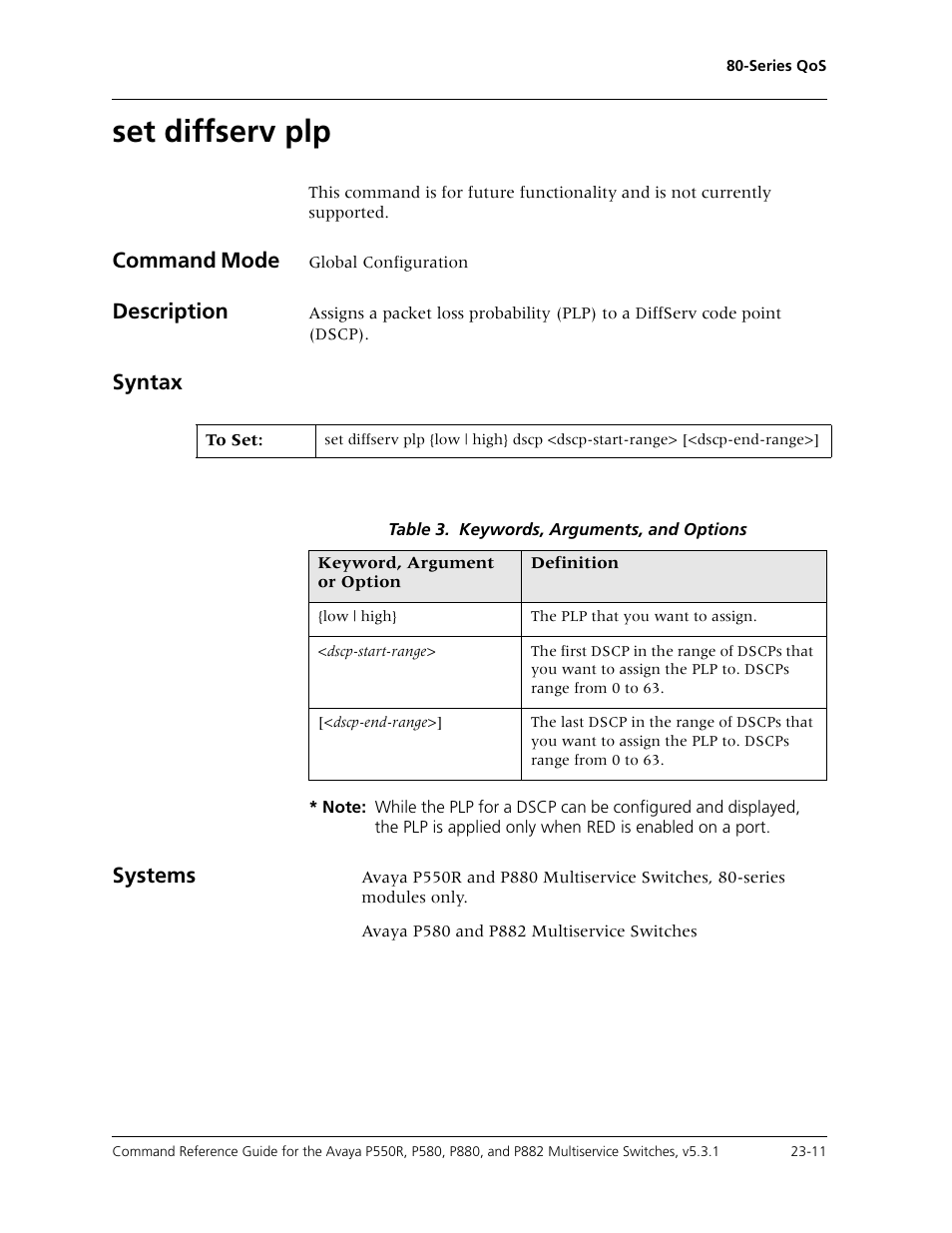 Set diffserv plp, Set diffserv plp -11, Command mode | Description, Syntax, Systems | Avaya Cajun P550R User Manual | Page 468 / 679