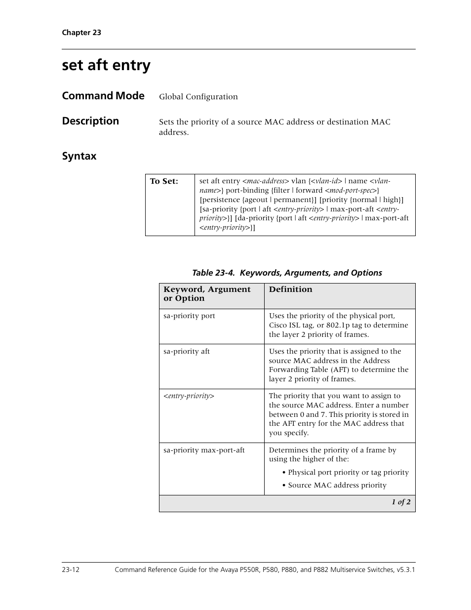 Set aft entry, Set aft entry -12, Command mode | Description, Syntax | Avaya Cajun P550R User Manual | Page 469 / 679