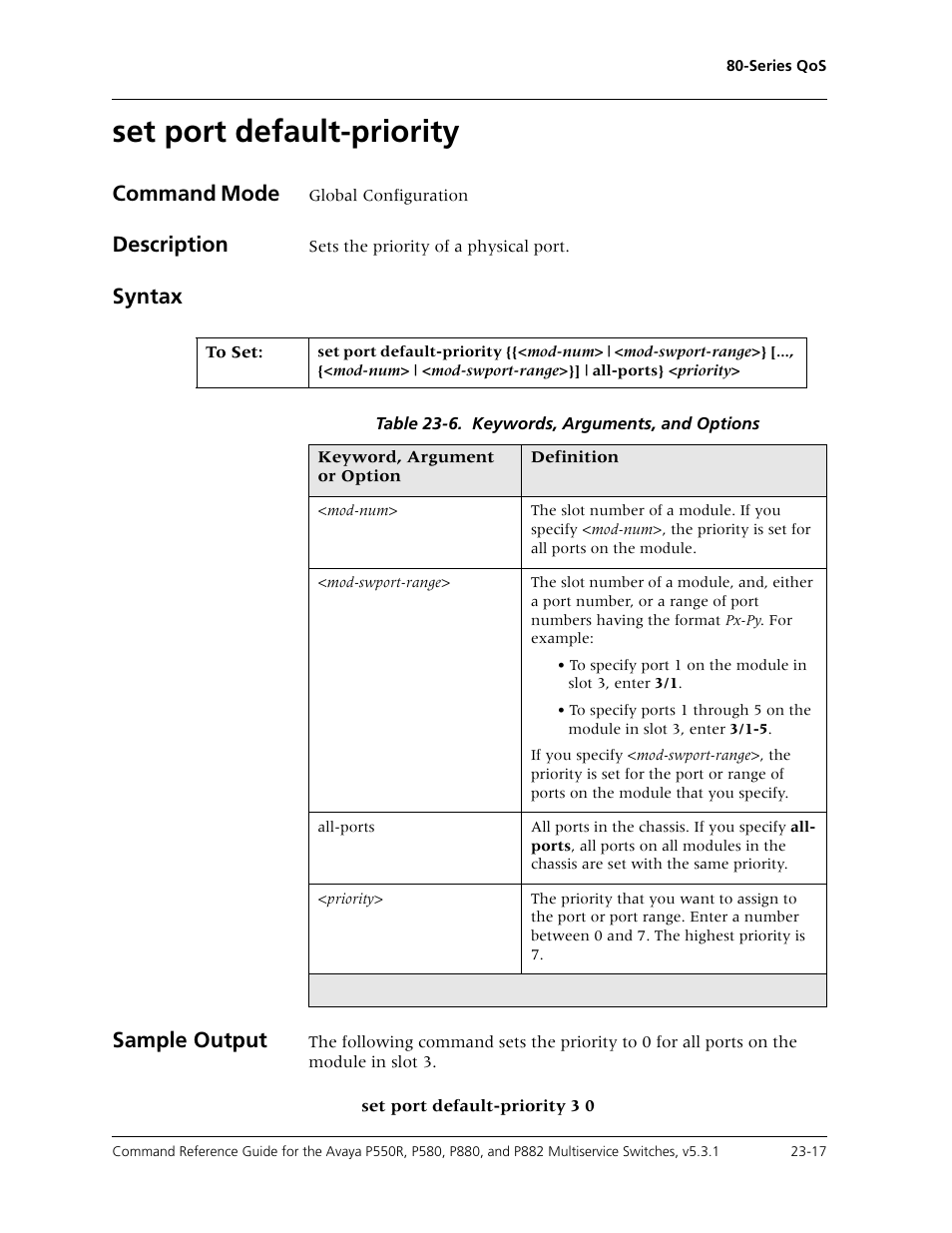 Set port default-priority, Set port default-priority -17, Command mode | Description, Syntax sample output | Avaya Cajun P550R User Manual | Page 474 / 679