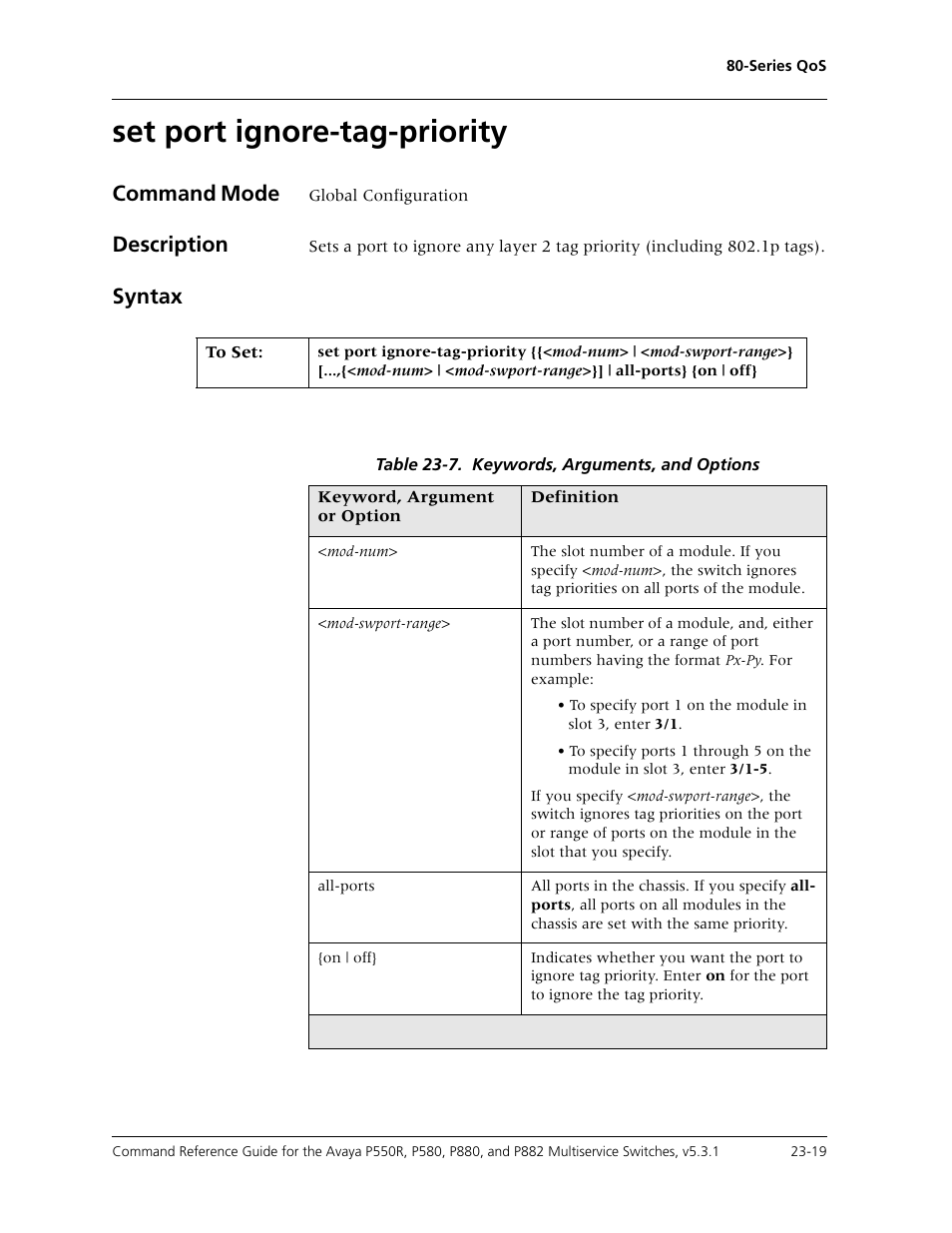 Set port ignore-tag-priority, Set port ignore-tag-priority -19, Command mode | Description, Syntax | Avaya Cajun P550R User Manual | Page 476 / 679