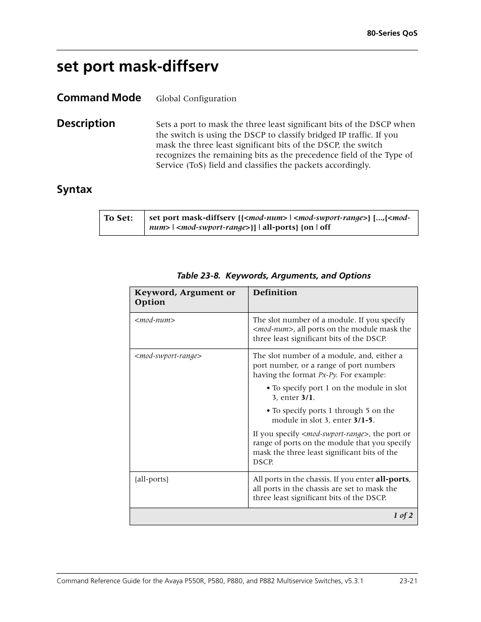 Set port mask-diffserv, Set port mask-diffserv -21, Command mode | Description, Syntax | Avaya Cajun P550R User Manual | Page 478 / 679