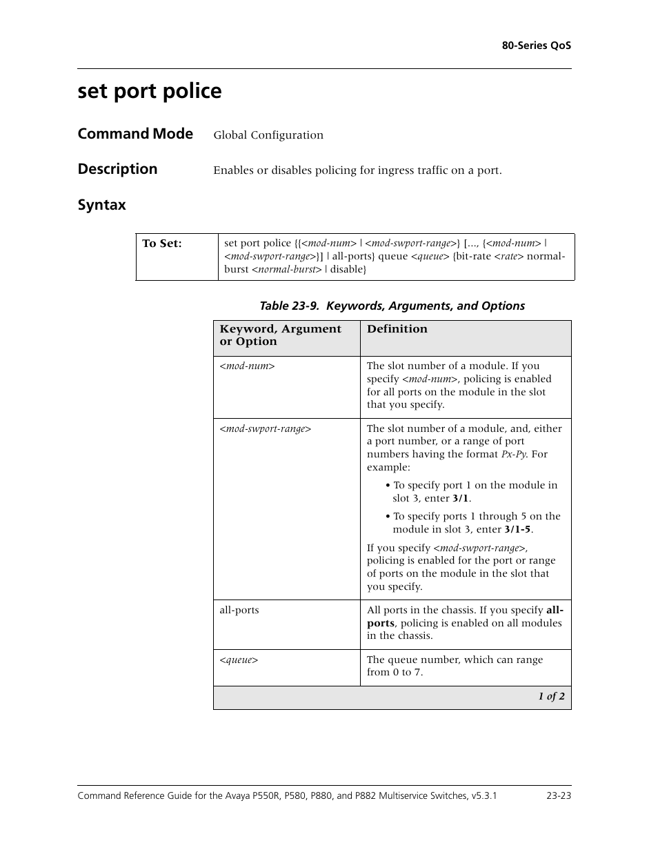 Set port police, Set port police -23, Command mode | Description, Syntax | Avaya Cajun P550R User Manual | Page 480 / 679