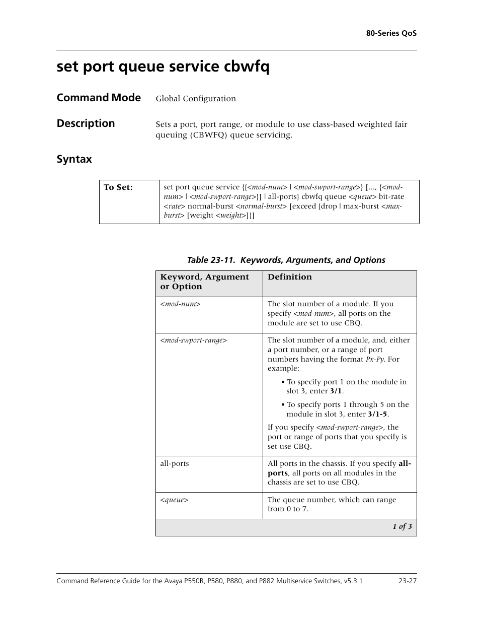 Set port queue service cbwfq, Set port queue service cbwfq -27, Command mode | Description, Syntax | Avaya Cajun P550R User Manual | Page 484 / 679