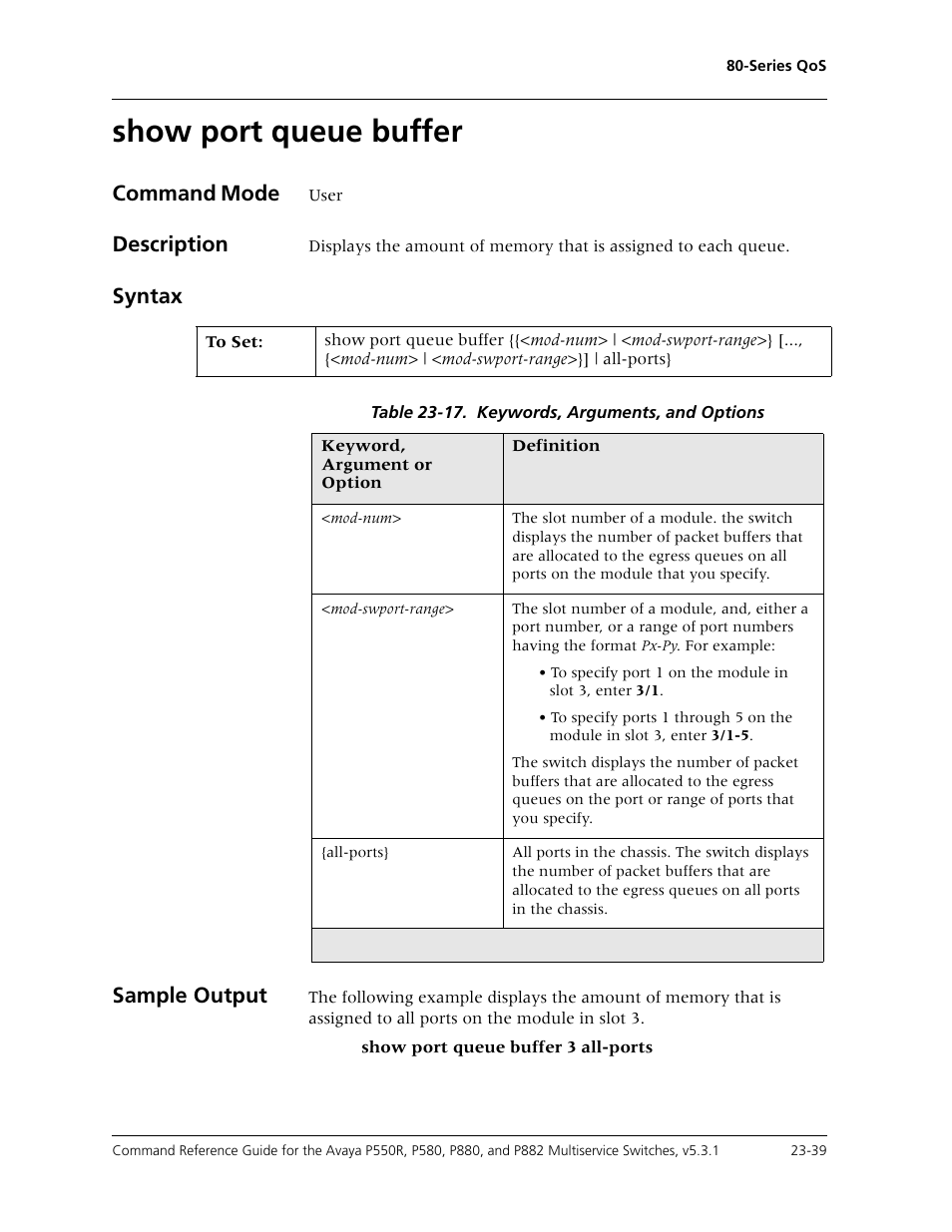 Show port queue buffer, Show port queue buffer -39, Command mode | Description, Syntax sample output | Avaya Cajun P550R User Manual | Page 496 / 679