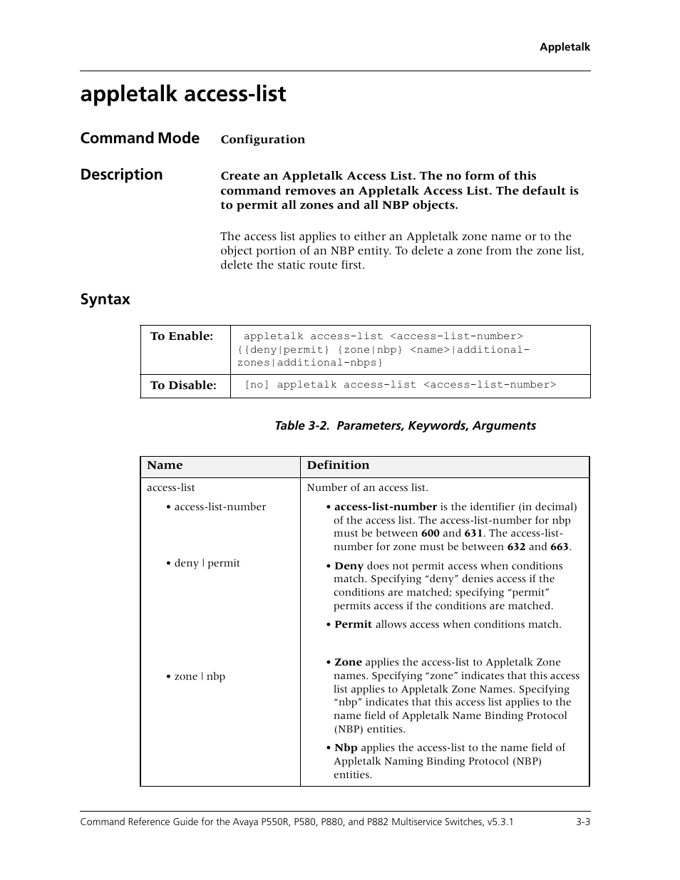 Appletalk access-list, Appletalk access-list -3, Command mode | Description, Syntax | Avaya Cajun P550R User Manual | Page 50 / 679