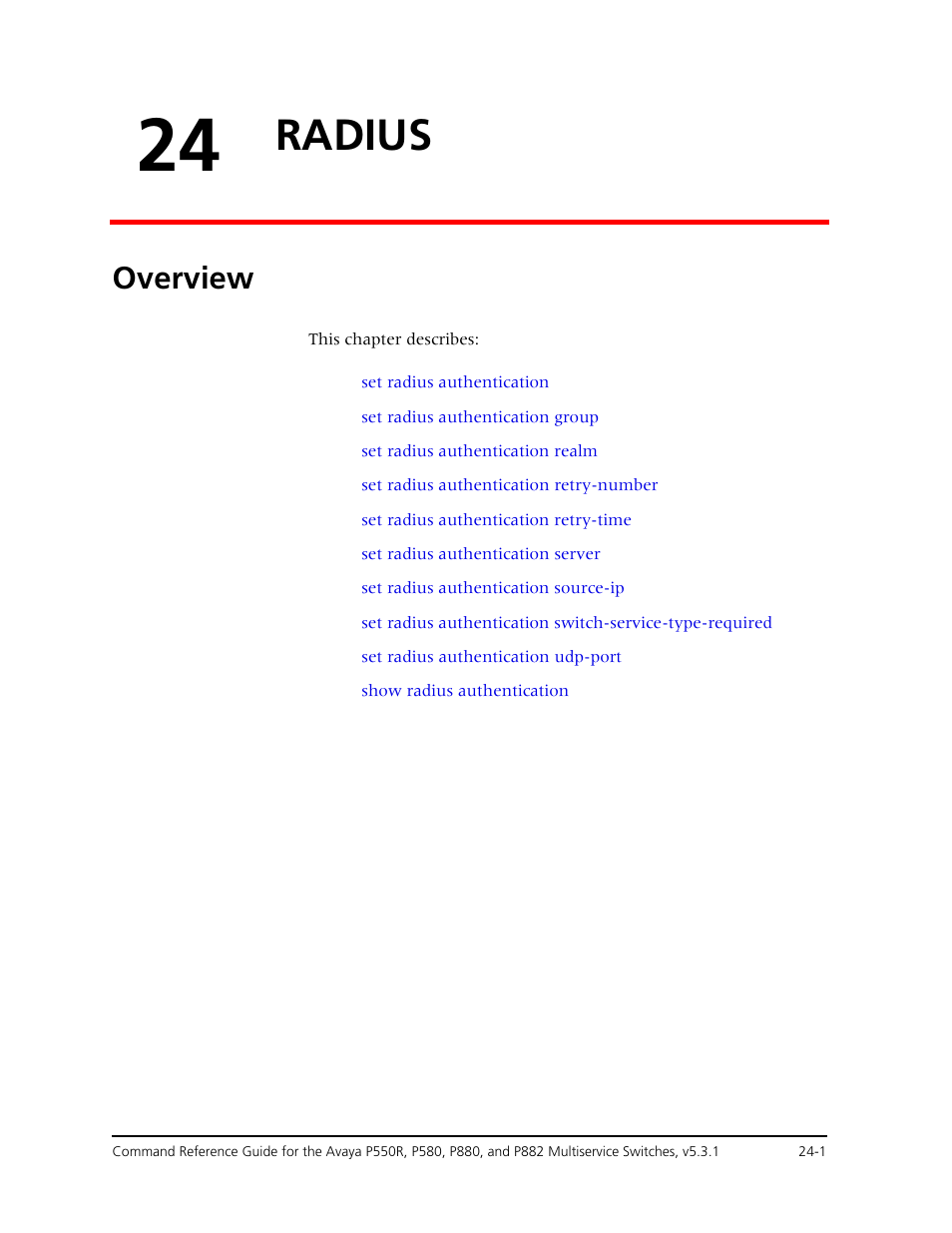 24 radius, Overview, Chapter 24 — radius -1 | Overview -1, Radius | Avaya Cajun P550R User Manual | Page 502 / 679