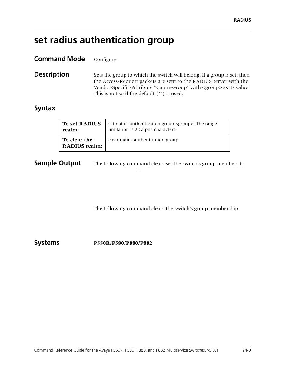 Set radius authentication group, Set radius authentication group -3 | Avaya Cajun P550R User Manual | Page 504 / 679