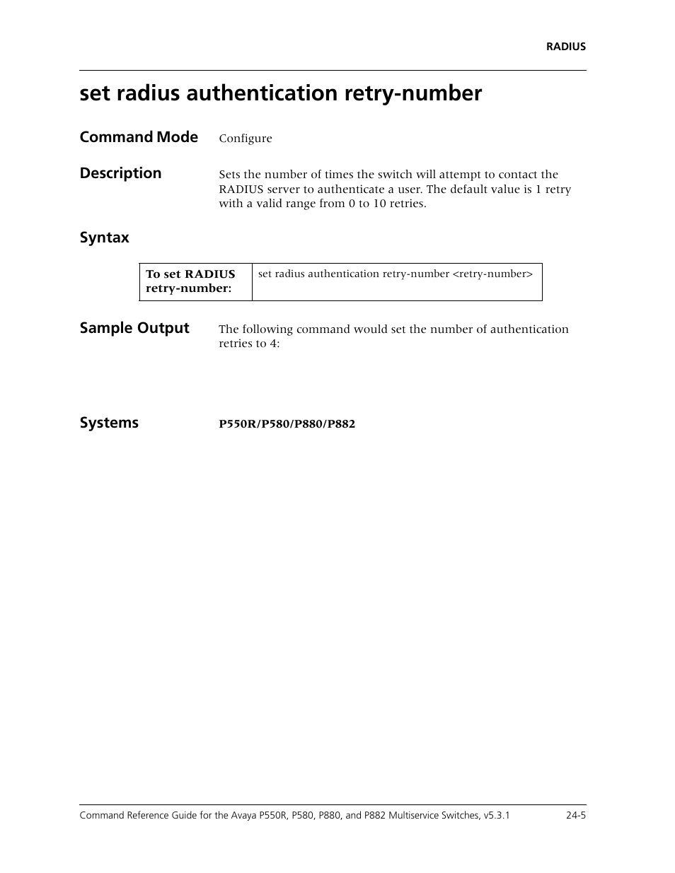 Set radius authentication retry-number, Set radius authentication retry-number -5 | Avaya Cajun P550R User Manual | Page 506 / 679