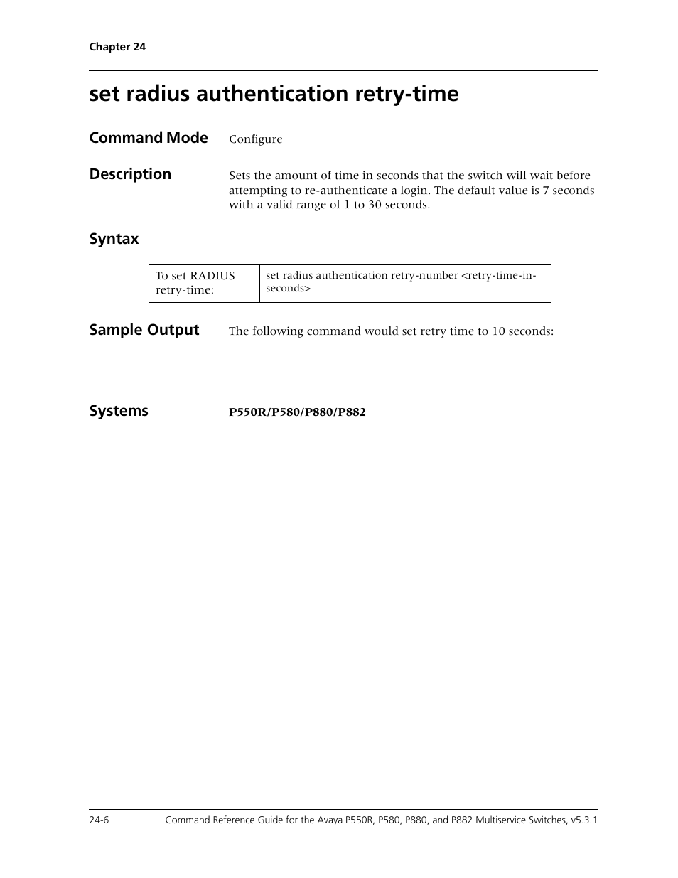 Set radius authentication retry-time, Set radius authentication retry-time -6 | Avaya Cajun P550R User Manual | Page 507 / 679