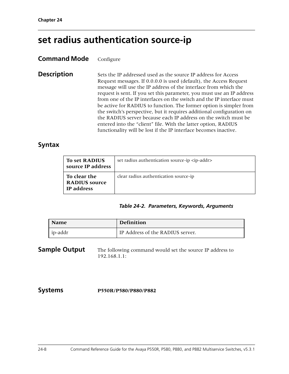 Set radius authentication source-ip, Set radius authentication source-ip -8 | Avaya Cajun P550R User Manual | Page 509 / 679