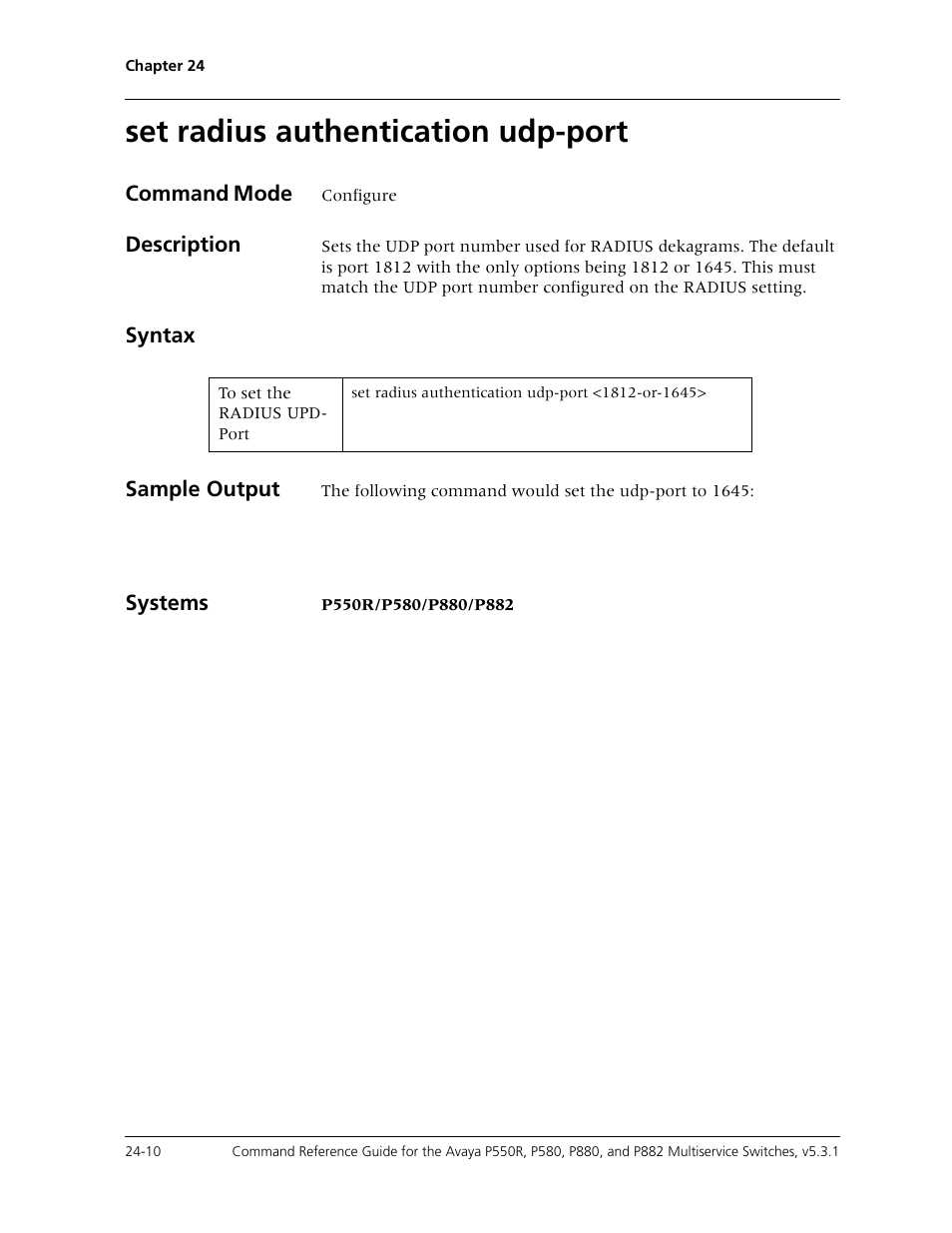 Set radius authentication udp-port, Set radius authentication udp-port -10 | Avaya Cajun P550R User Manual | Page 511 / 679