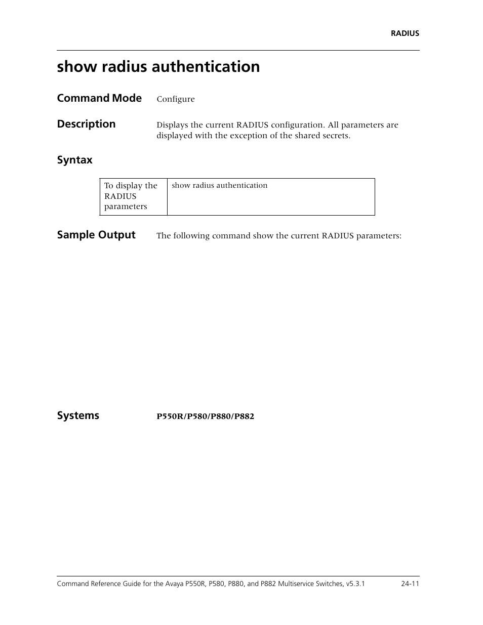 Show radius authentication, Show radius authentication -11 | Avaya Cajun P550R User Manual | Page 512 / 679