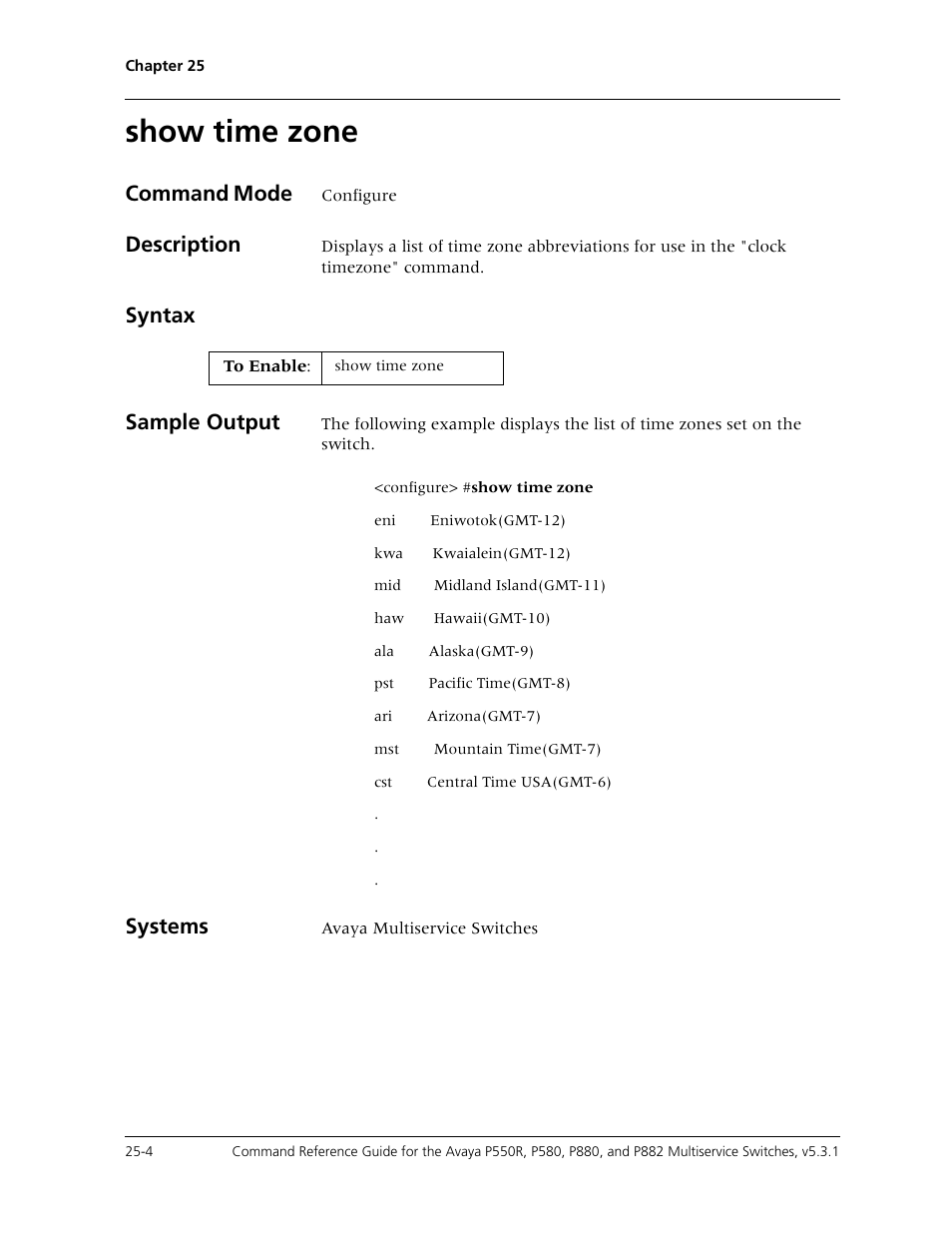 Show time zone, Show time zone -4, Command mode | Description, Syntax sample output, Systems | Avaya Cajun P550R User Manual | Page 517 / 679