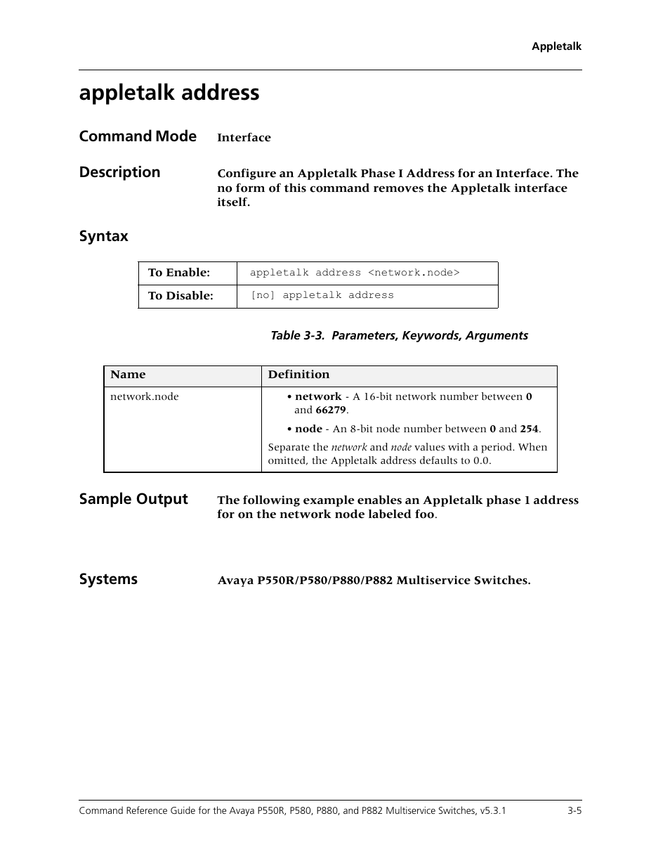 Appletalk address, Appletalk address -5, Command mode | Description, Syntax, Sample output, Systems | Avaya Cajun P550R User Manual | Page 52 / 679