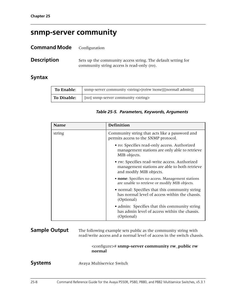 Snmp-server community, Snmp-server community -8, Command mode | Description, Syntax, Sample output, Systems | Avaya Cajun P550R User Manual | Page 521 / 679