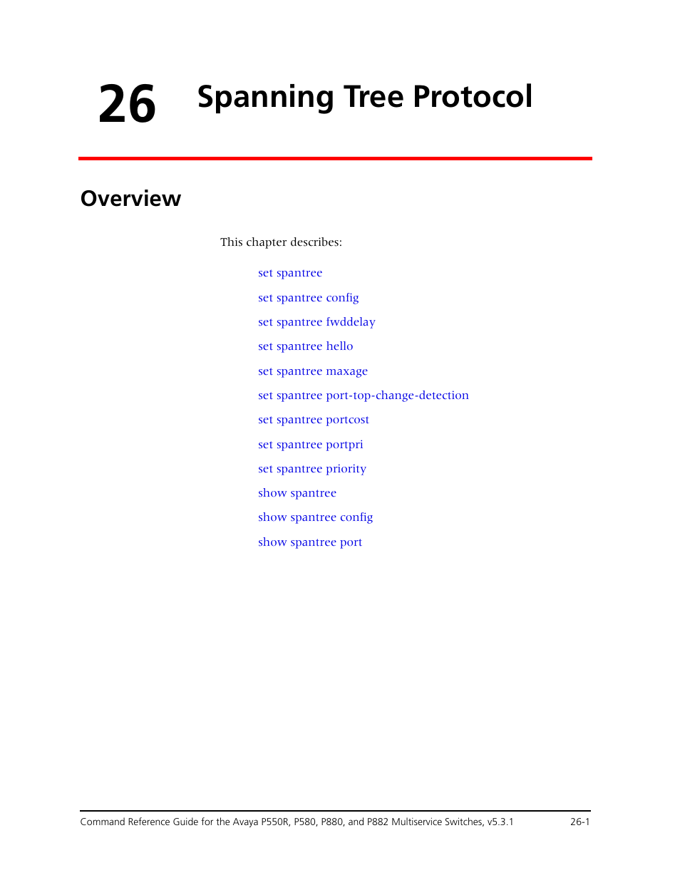 26 spanning tree protocol, Overview, Chapter 26 — spanning tree protocol -1 | Overview -1, Spanning tree protocol | Avaya Cajun P550R User Manual | Page 526 / 679