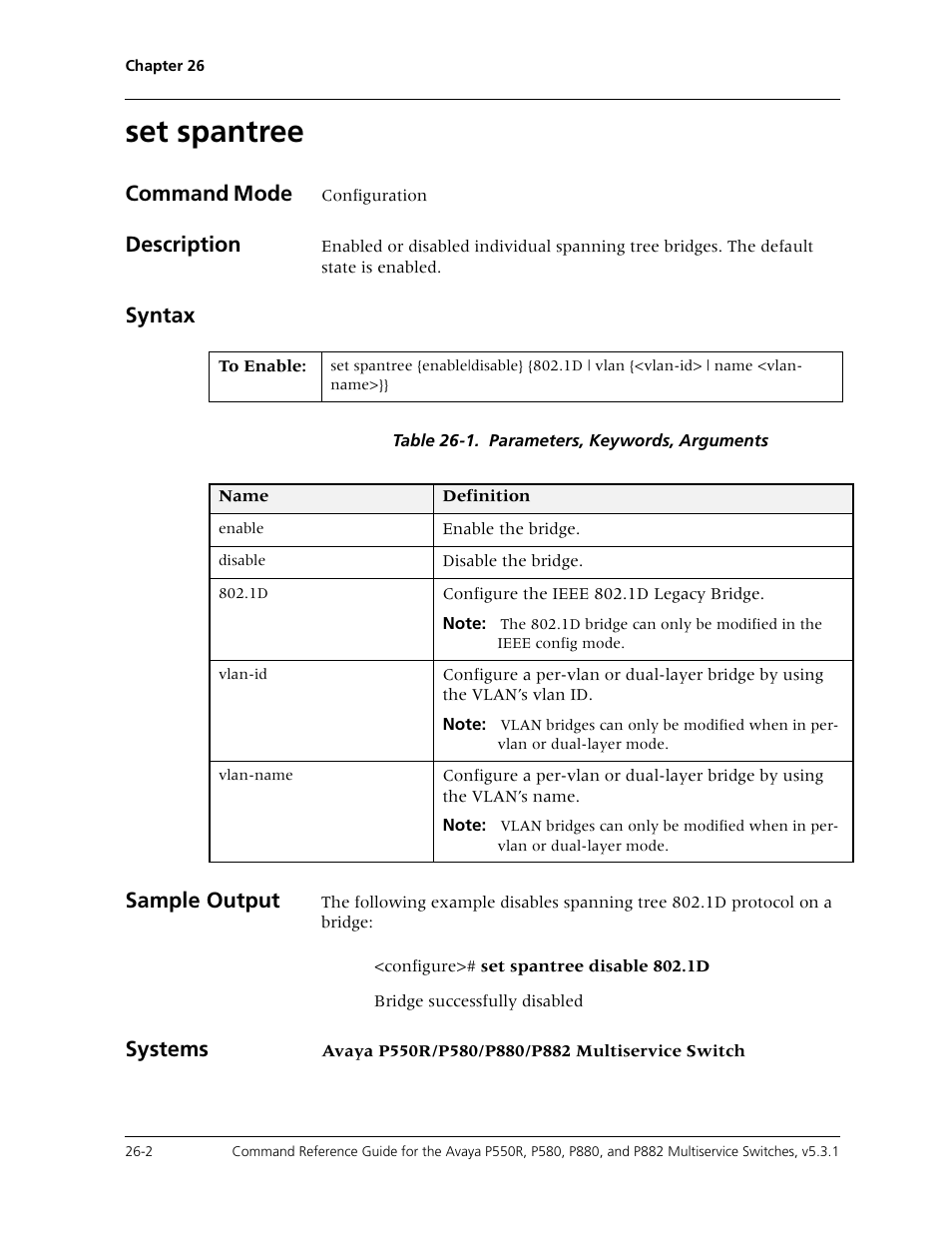 Set spantree, Set spantree -2, Command mode | Description, Syntax, Sample output, Systems | Avaya Cajun P550R User Manual | Page 527 / 679