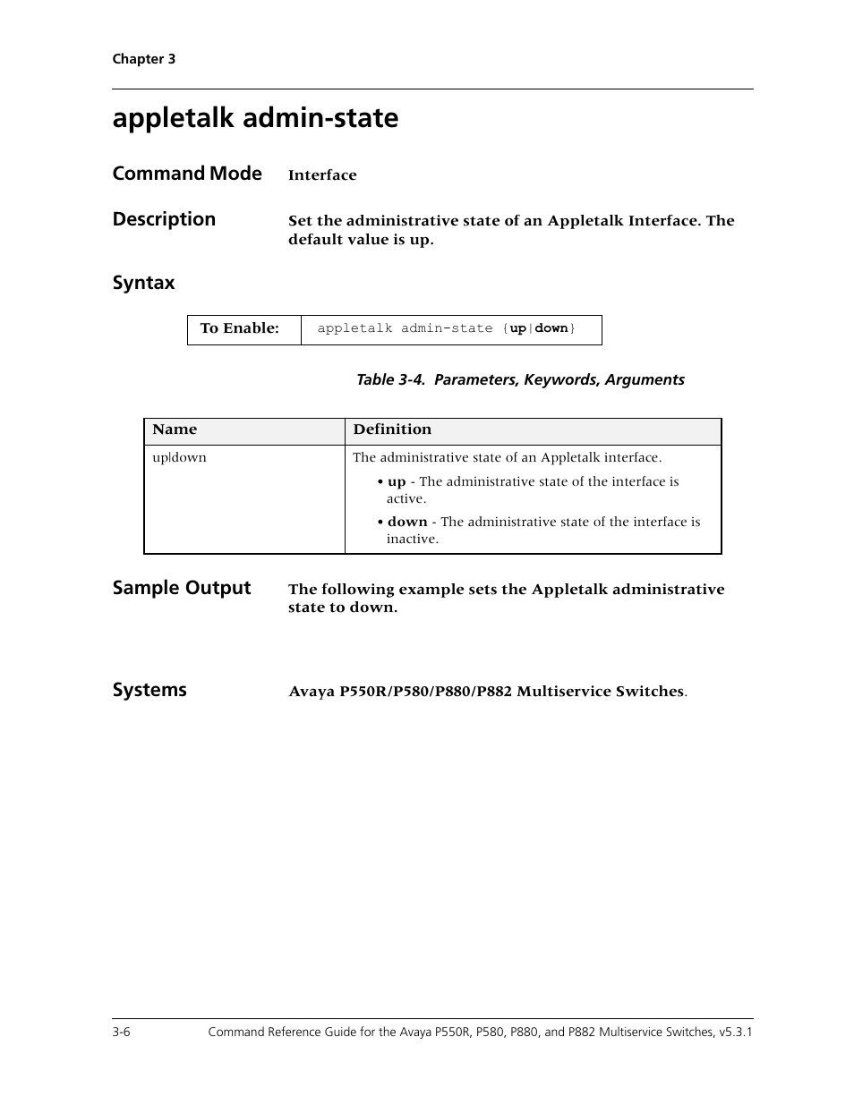 Appletalk admin-state, Appletalk admin-state -6, Command mode | Description, Syntax, Sample output, Systems | Avaya Cajun P550R User Manual | Page 53 / 679