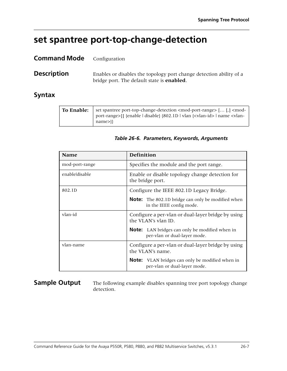 Set spantree port-top-change-detection, Set spantree port-top-change-detection -7, Command mode | Description, Syntax, Sample output | Avaya Cajun P550R User Manual | Page 532 / 679