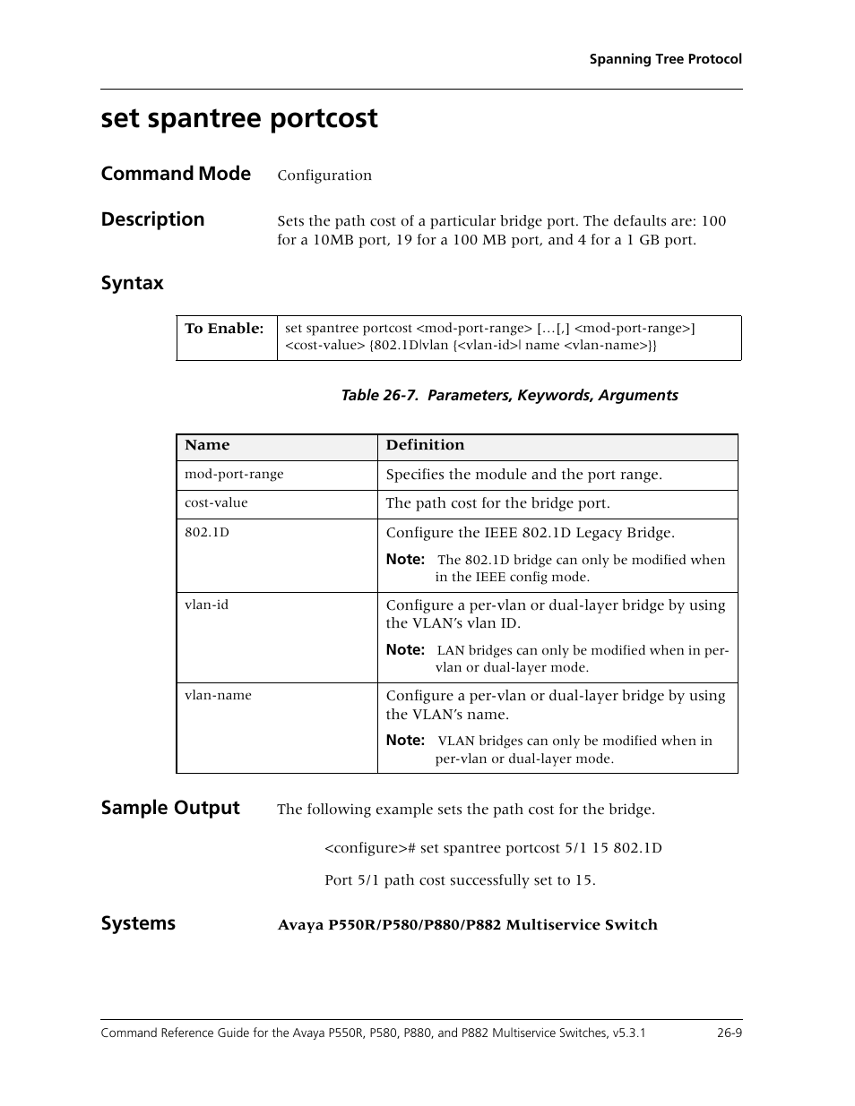 Set spantree portcost, Set spantree portcost -9, Command mode | Description, Syntax, Sample output, Systems | Avaya Cajun P550R User Manual | Page 534 / 679