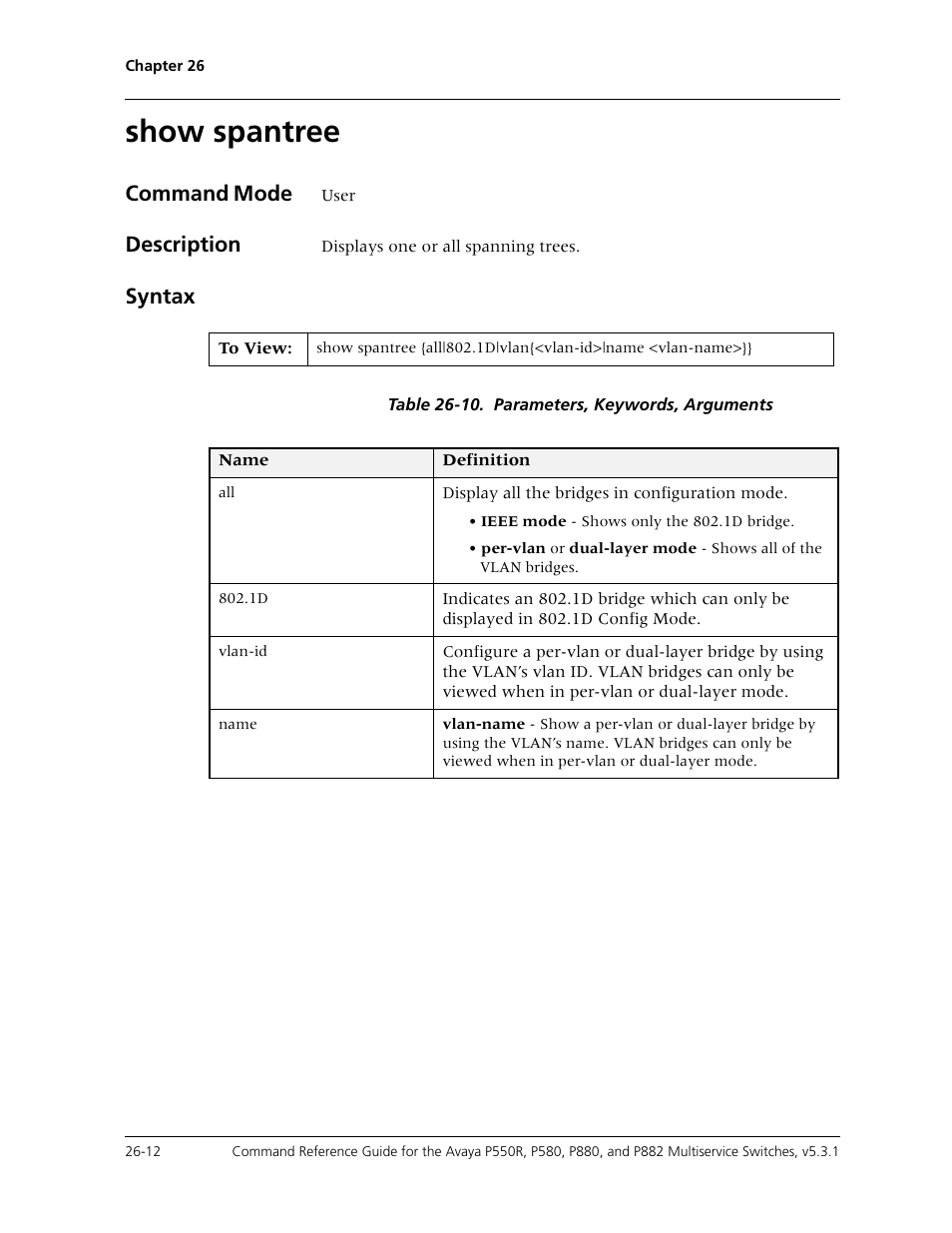 Show spantree, Show spantree -12, Command mode | Description, Syntax | Avaya Cajun P550R User Manual | Page 537 / 679