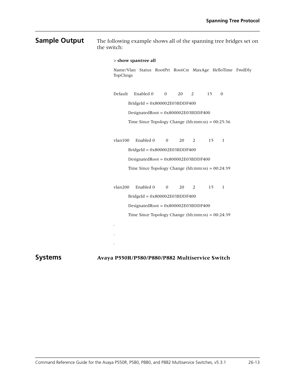 Sample output, Systems | Avaya Cajun P550R User Manual | Page 538 / 679