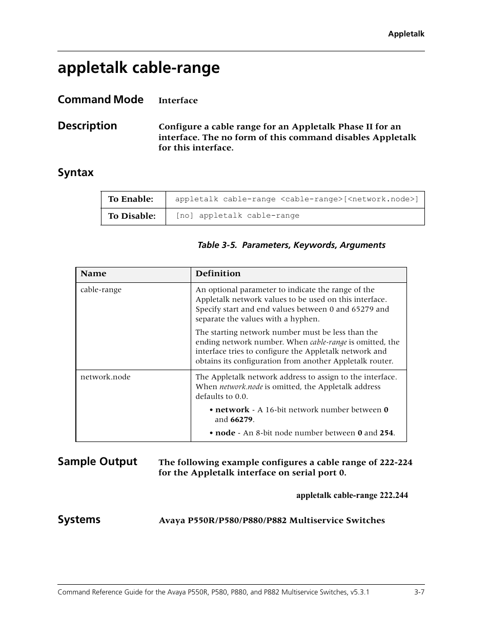 Appletalk cable-range, Appletalk cable-range -7, Command mode | Description, Syntax, Sample output, Systems | Avaya Cajun P550R User Manual | Page 54 / 679