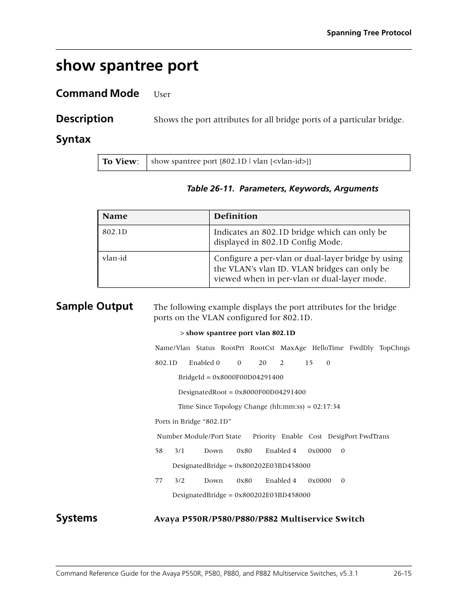 Show spantree port, Show spantree port -15, Command mode | Description, Syntax, Sample output, Systems | Avaya Cajun P550R User Manual | Page 540 / 679