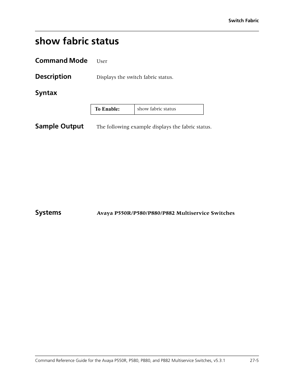 Show fabric status, Show fabric status -5 | Avaya Cajun P550R User Manual | Page 546 / 679