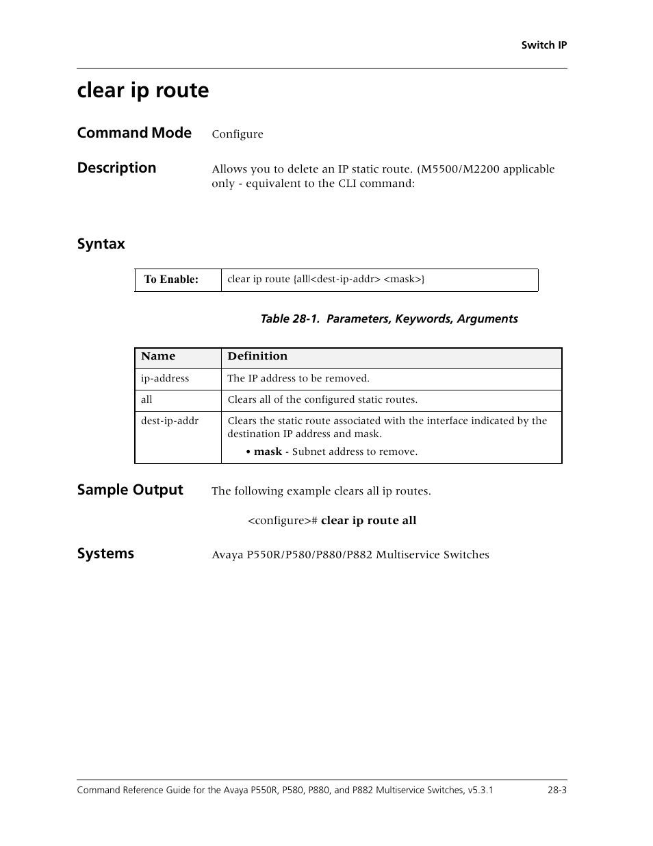 Clear ip route, Clear ip route -3, Command mode | Description, Syntax, Sample output, Systems | Avaya Cajun P550R User Manual | Page 550 / 679