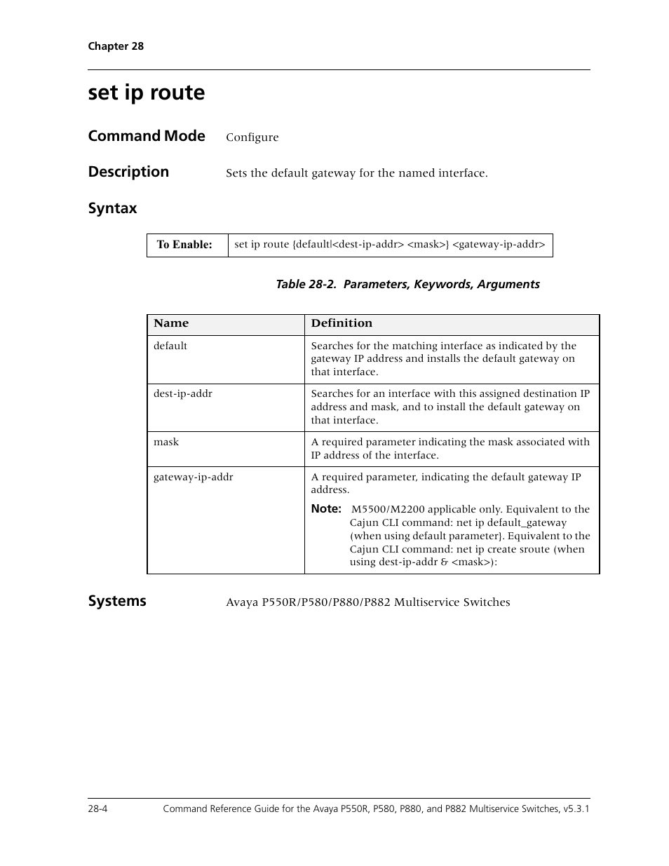 Set ip route, Set ip route -4, Command mode | Description, Syntax, Systems | Avaya Cajun P550R User Manual | Page 551 / 679