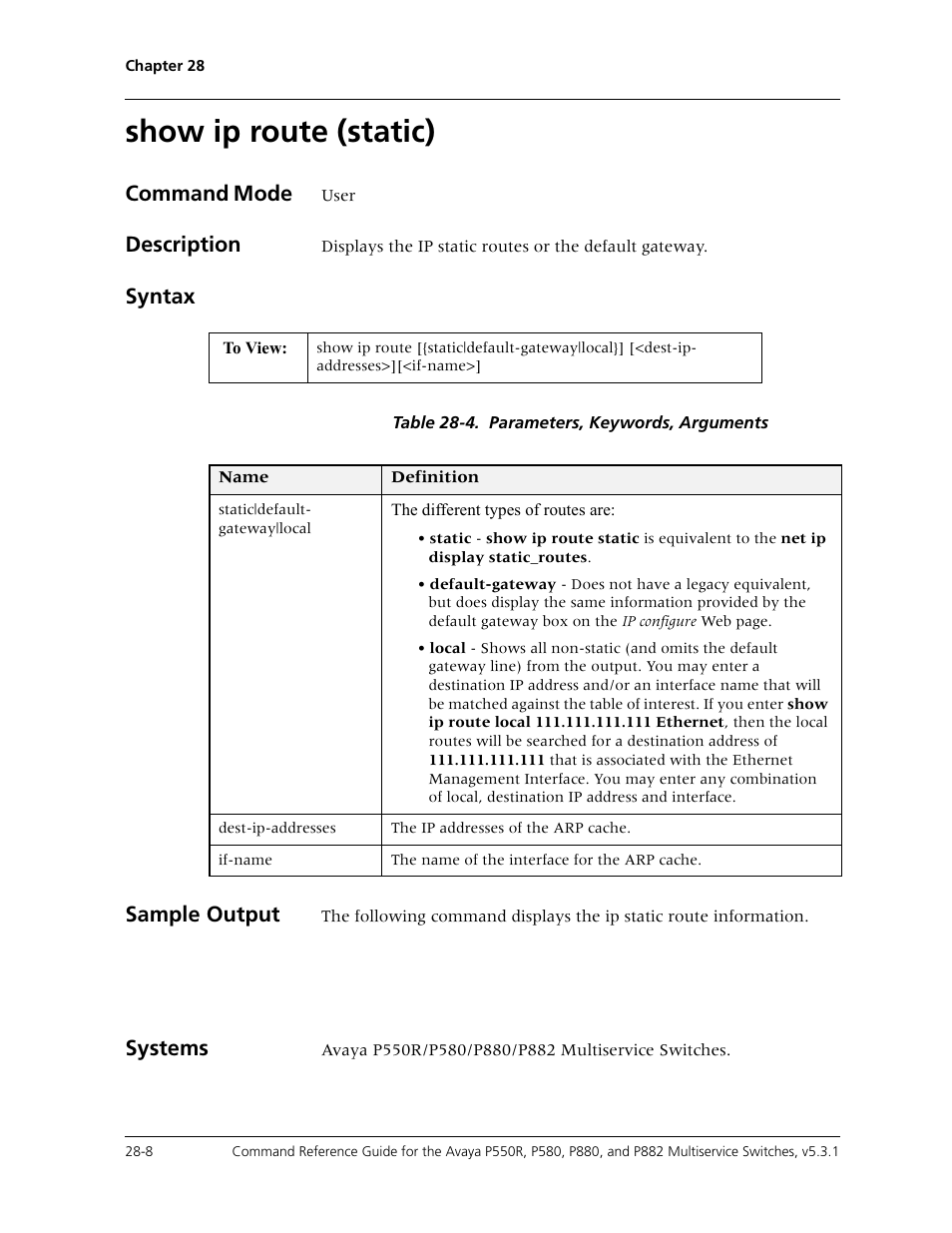 Show ip route (static), Show ip route (static) -8, Command mode | Description, Syntax, Sample output, Systems | Avaya Cajun P550R User Manual | Page 555 / 679
