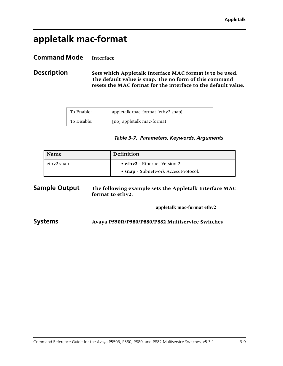 Appletalk mac-format, Appletalk mac-format -9, Command mode | Description, Sample output, Systems | Avaya Cajun P550R User Manual | Page 56 / 679